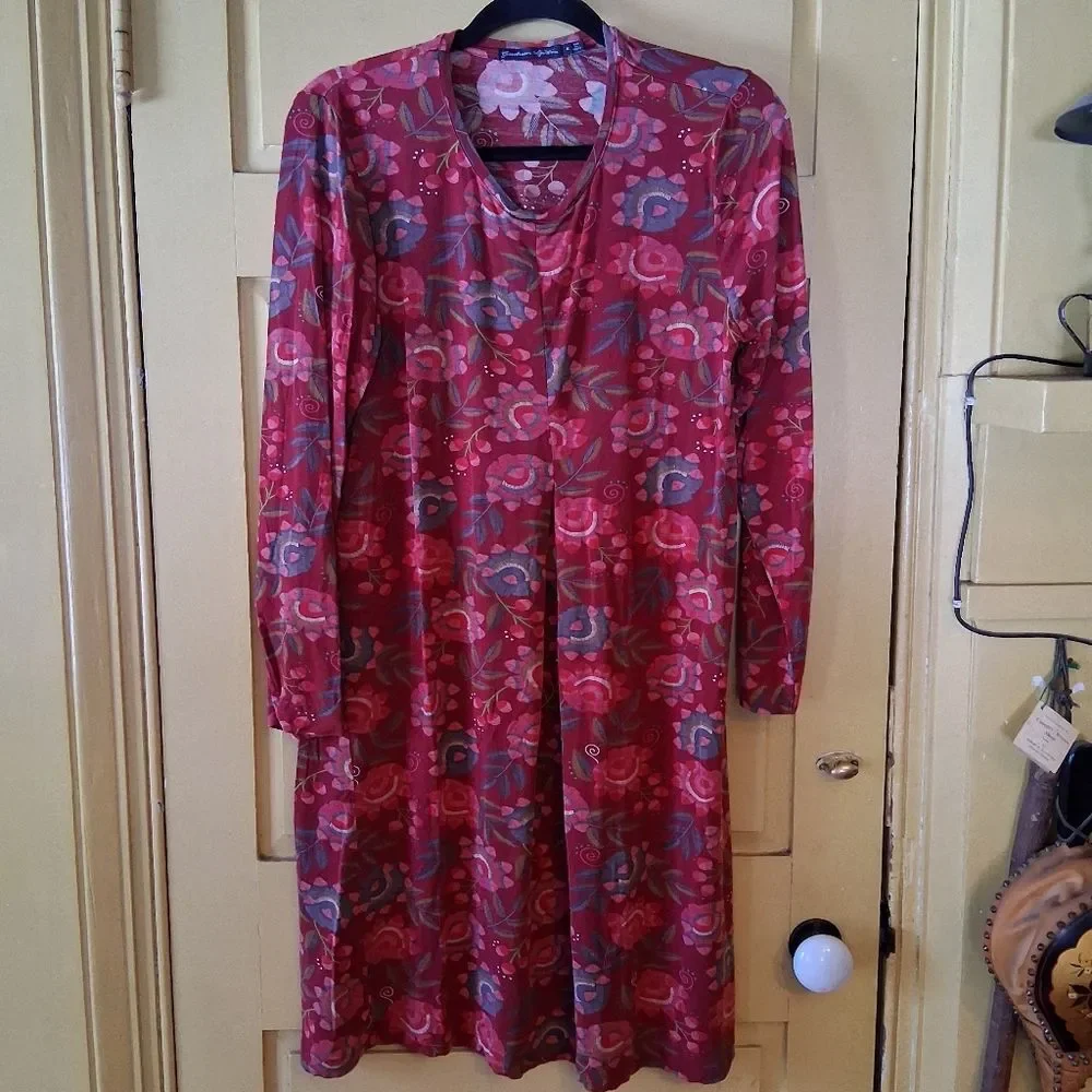Gudrun Sjoden Vibrant Abstract Floral Burgundy Red Long Sleeve Dress - Picture 1 of 12